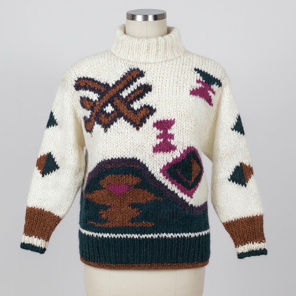 Lauren Hansen Hand Knit‎ Wool Turtleneck Sweater Geometric Medium Ivory 80s VTG